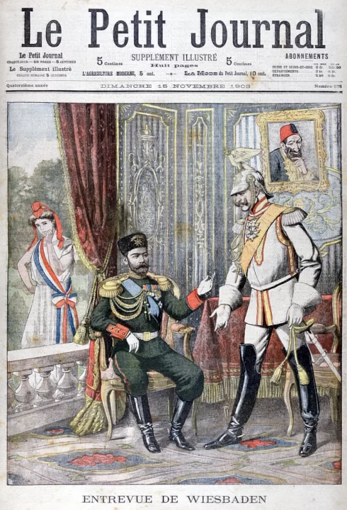 Çar II. Nicholas ile Kaiser Wilhelm II arasındaki görüşme, Wiesbaden, Almanya, 1903 Arkada Abudülhamid Hanın portresi